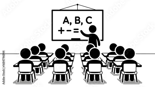 Classroom learning concept with an instructor teaching pupils the alphabet and mathematics. A simple icon of early education and academic partnership.