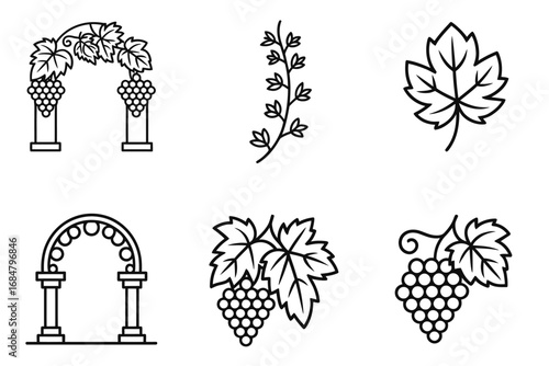 Set of linear icons featuring grapes, vines, and architectural arches. A minimalist collection for wine and nature themes.