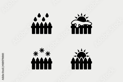 Weather Season Pictograms Simple Fence Icons Representing Rain, Sun, Snow for Garden Forecasting and Weather Monitoring