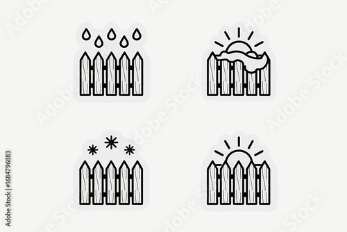 Weather Elements Illustrated on a Fence Rain, Sun, Snow, and Weather Conditions