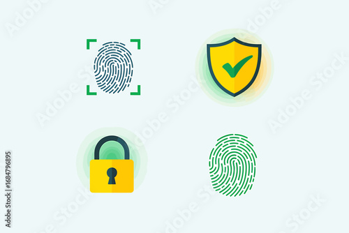 Secure Data Protection Fingerprint Scan, Lock & Shield Icons