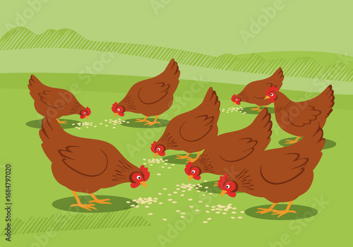 Chickens peck at grain in a green field under hills