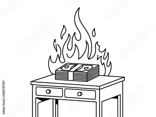 Conceptual line art illustration of burning money on a table, symbolizing financial loss, inflation, and economic crisis.