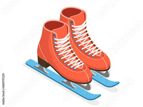 Isometric vector illustration of orange figure ice skates. Winter sport equipment for recreational hobby and activity, isolated graphic design element.