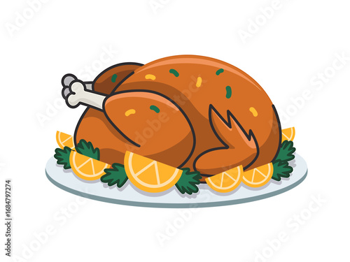 Festive Roasted Turkey Illustration with Citrus Garnishes on a Decorative Plate