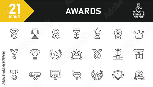 Awards line icon set. Set of 21 outline icons related to badge, trophy, winner, medal, reward, champion, best, certificate and others. Editable stroke. Vector illustration.