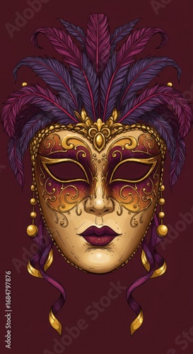 Wallpaper Mural An intricate, detailed illustration of a Venetian mask, adorned with rich purple and gold embellishments and feathers, set against a deep maroon backdrop. Torontodigital.ca