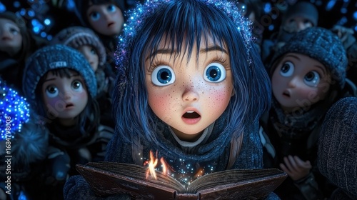 Wallpaper Mural Astonished Girl with Glowing Book Amidst Crowd in Blue and Purple Hues Torontodigital.ca