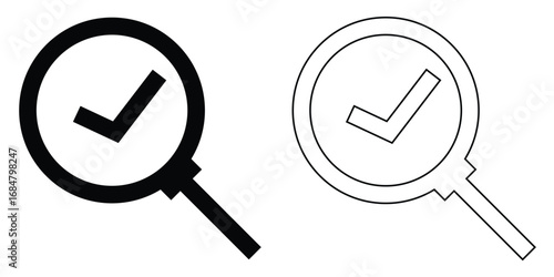 Search object, Lens icon set. Graphical vector illustration of zoom icon. Modern vector shape lens. Tick sing on isolated zoom lens icon set. Vector magnifying glass icon set on white background. 