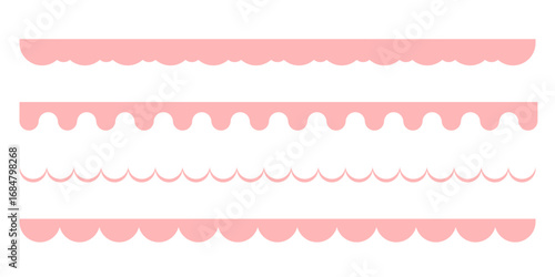 Pink Y2K scalloped lace borders seamless set. Retro girly ribbons and cute frill ornaments. Pastel vintage edge texture pattern vector illustration isolated on white