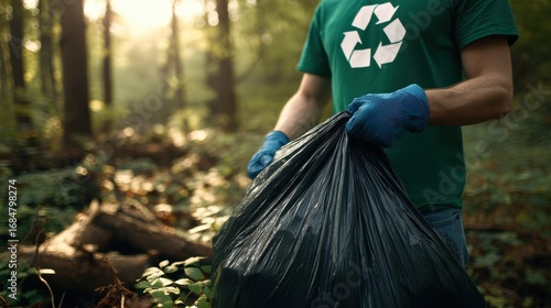 Volunteer collects litter in forest while promoting environmental awareness and recycling efforts