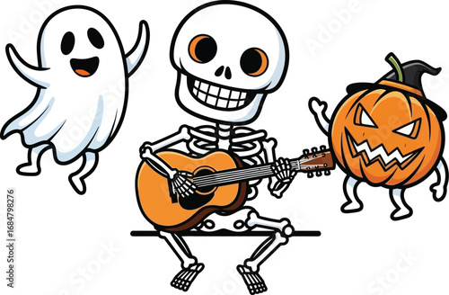 Joyful skeleton musician entertains ghost and jack-o'-lantern with guitar performance vector