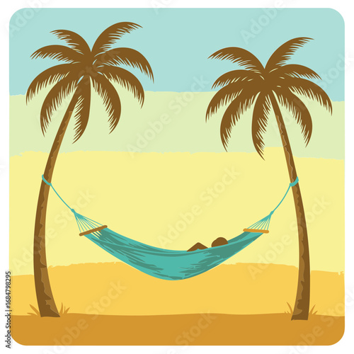 Relaxing person in a hammock between palm trees at a tropical beach location. Silhouette of a person relaxing, enjoying a vacation by the sea in a serene, tropical setting.