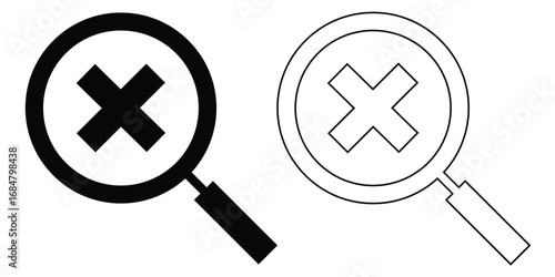 Cross sing on dark magnifying glass icon. Search object, Lens icon set. Graphical vector illustration of zoom icon. Modern vector shape lens. Black isolated zoom icon set. EPS 10. 
