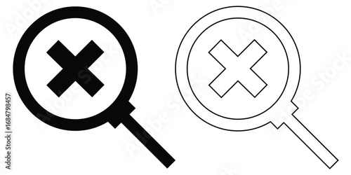 Cross sing on dark magnifying glass icon. Search object, Lens icon set. Graphical vector illustration of zoom icon. Modern vector shape lens. Black isolated zoom icon set. EPS 10. 