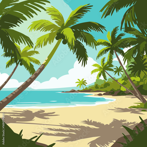 Tropical beach scene with lush palm trees casting shadows on the sandy shore. Colorful illustration of a serene beach with various tropical trees, showcasing a beautiful view of the ocean and coast.