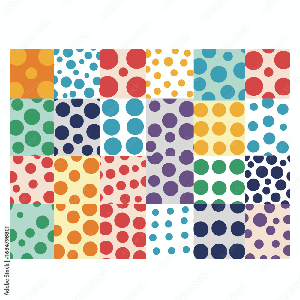 Collection of colorful polka dot patterns in various shades. Abstract geometric designs in a patchwork style.
