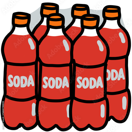 Colorful illustration of six red soda bottles with orange caps arranged in a pack. Cartoon-style drawing with bold outlines and simple design, perfect for beverage, drink, and refreshment concepts.
