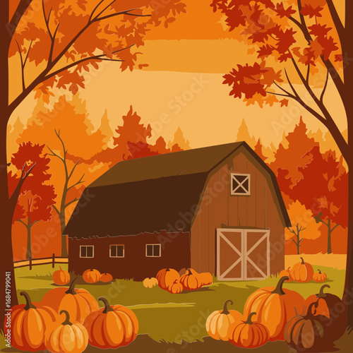 Autumnal barn scene with pumpkins in a picturesque rural setting. A picturesque autumnal landscape showcases a wooden barn surrounded by colorful foliage.