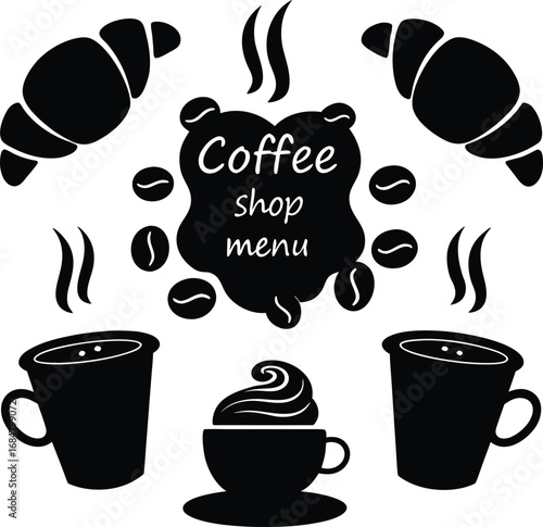 Artistic coffee shop menu design with croissants coffee cups and beans for a delicious cafe experience vector