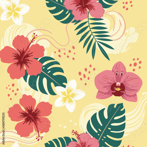 Tropical floral pattern with hibiscus, plumeria, and orchid flowers on a pale yellow background with abstract shapes.