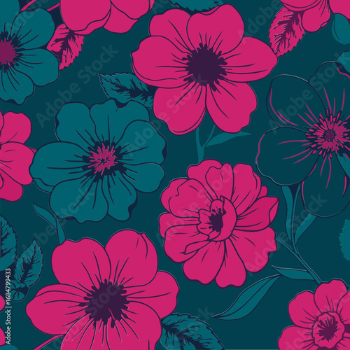 Floral seamless pattern with vibrant pink and teal flowers on a deep teal background. Stylish and decorative design for fabric, wallpaper, or digital print.