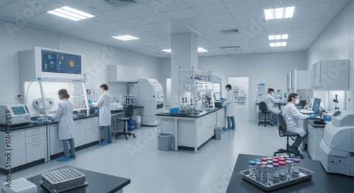 Modern Scientific Laboratory with Researchers Conducting Experiments.
