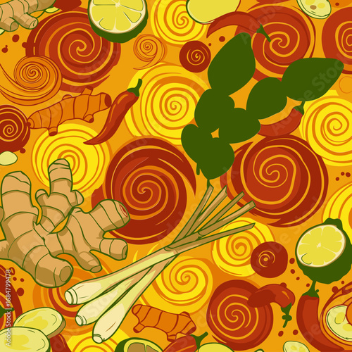 Colorful illustration of Asian cuisine ingredients in a repeating pattern. Vibrant spices and herbs arranged artistically on a backdrop of swirling circles.