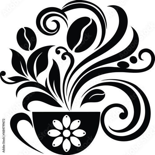 Stylized coffee cup with swirls and coffee beans evoking aroma and energy vector