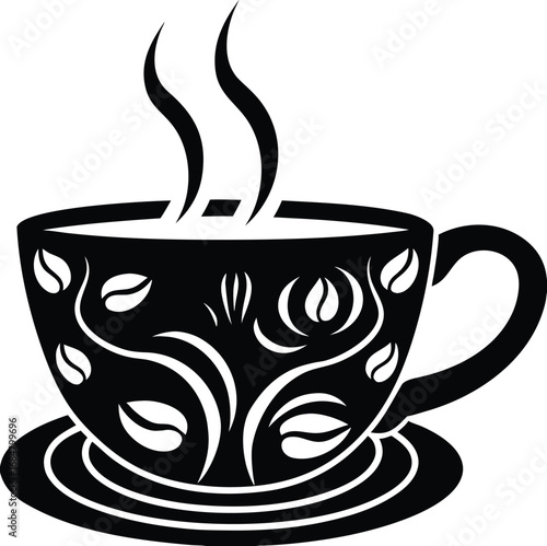 Steaming hot coffee cup with decorative floral coffee bean design and rising steam vector