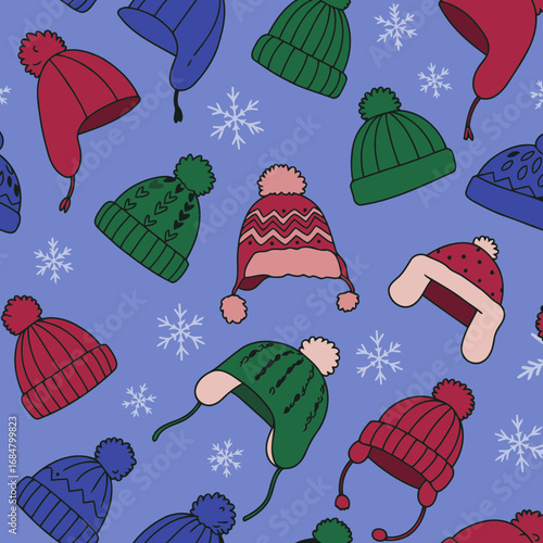 Colorful winter hats in a seamless pattern, featuring diverse knitted styles with pom-poms and snowflake accents.