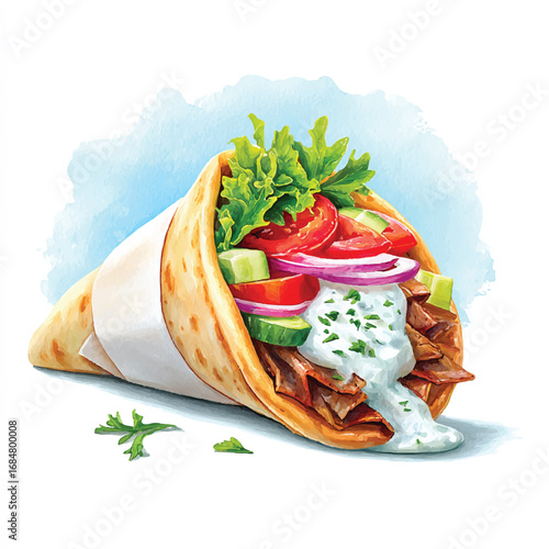 Watercolor Illustration of a Delicious Gyro with Fresh Vegetables and Creamy Sauce