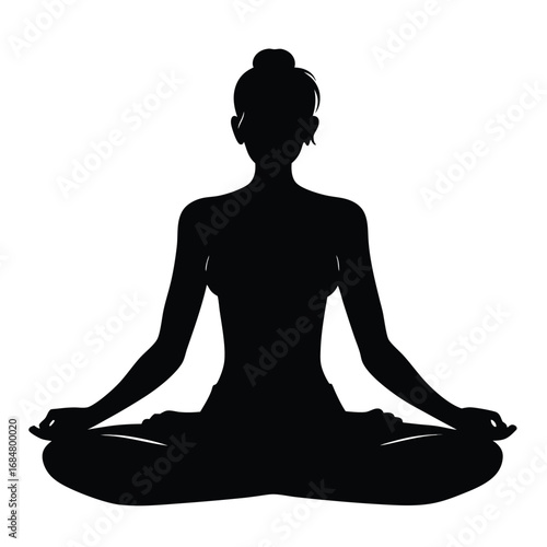 Silhouette of Woman in Lotus Position Practicing Meditation for Mindfulness and Well being in Simple Black and White