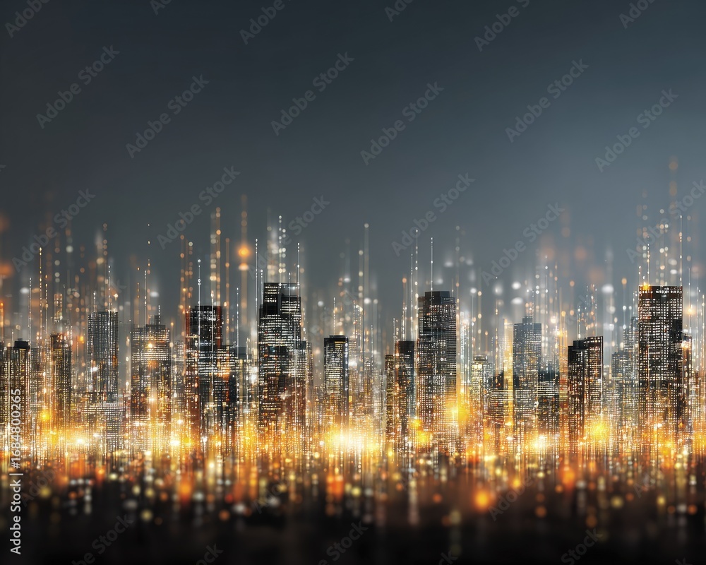 Fototapeta premium Night City Skyline With Golden Lights