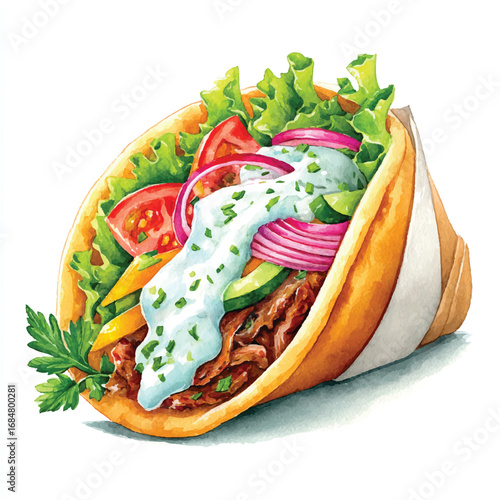 Watercolor Illustration of a Delicious Gyro Sandwich with Fresh Ingredients