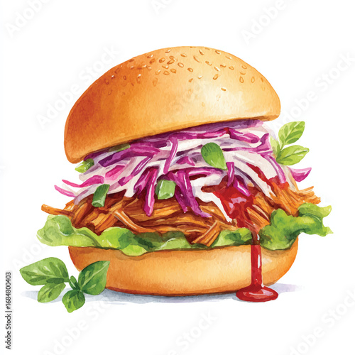 Watercolor Illustration of a Delicious Pulled Pork Sandwich with Fresh Ingredients