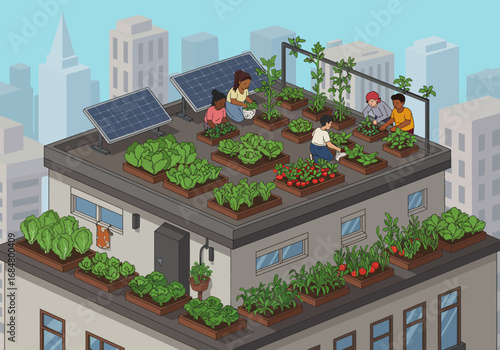 Rooftop garden with people tending crops solar panels in a cityscape