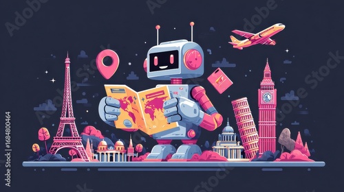 Robot exploring famous landmarks with a map, featuring iconic structures and an airplane in the background