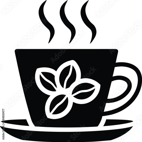 Steaming hot coffee cup with coffee beans and saucer simple black and white icon graphic vector