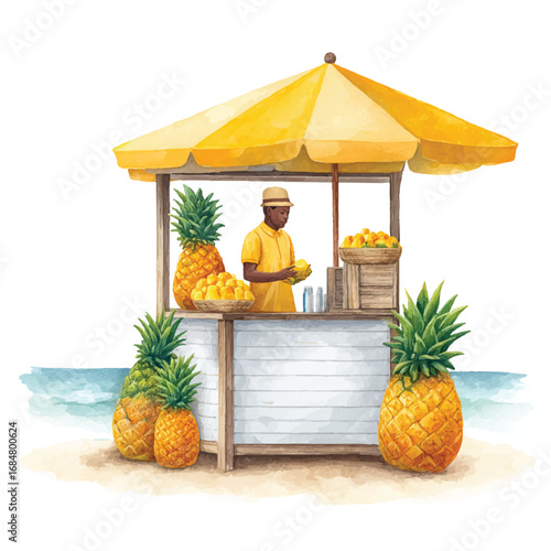 Watercolor Illustration of a Beachside Fruit Stand with Pineapples and Mangoes