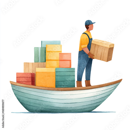 Watercolor Illustration of a Boat Loaded with Boxes and a Man Carrying One
