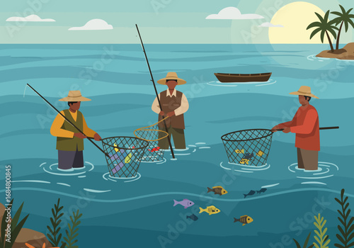 Three people fishing in the ocean with nets a small boat  island in the background