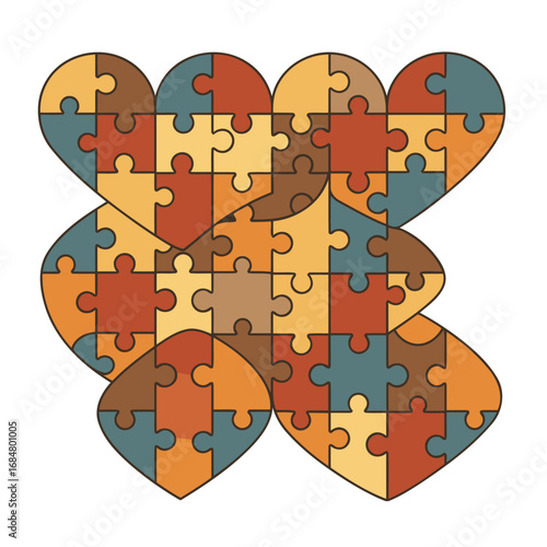 Multicolored puzzle pieces forming overlapping hearts in various shades of orange, brown, and teal. Abstract design with overlapping puzzle pieces in a heart shape against a plain white background.