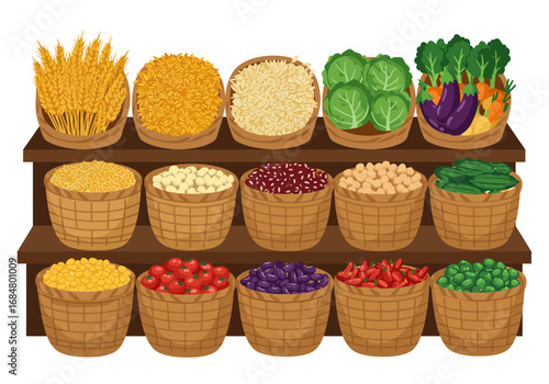 Three shelves showcase wheat rice cabbage beans tomatoes and peas in wicker baskets