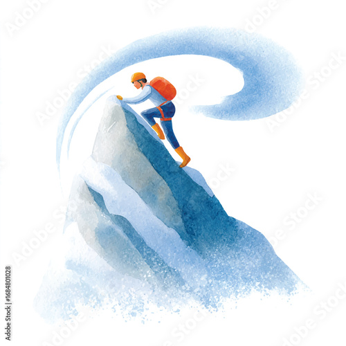 Watercolor illustration of a climber ascending a snowcovered mountain peak