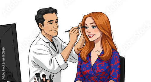 Professional makeup artist applies eyeshadow to smiling woman, creating a polished look for media appearance.