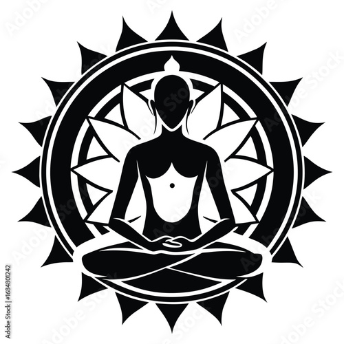 Meditating Buddha Silhouette with Lotus Flower and Sunburst Design A Serene Symbol of Spirituality and Inner Peace