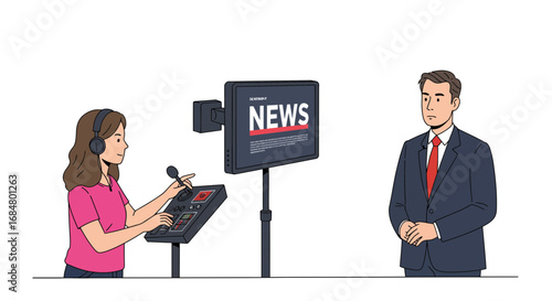 Confidently presented news unfolds as a professional anchor awaits cues from a skilled broadcast technician.