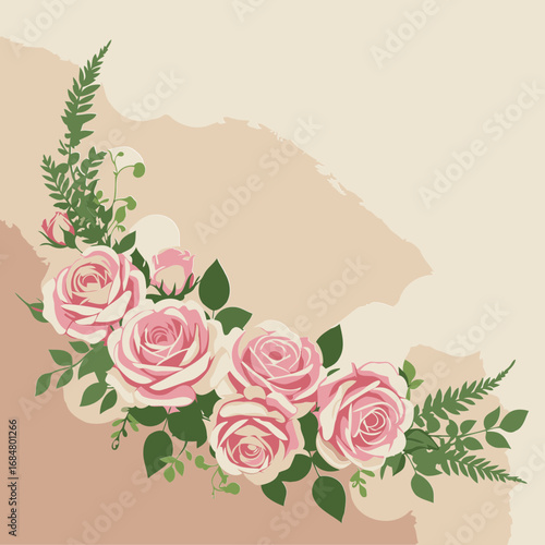 Pink roses and greenery arrangement in a soft, pastel background. Floral bouquet with a romantic, elegant presentation. Decorative elements with no specific location -