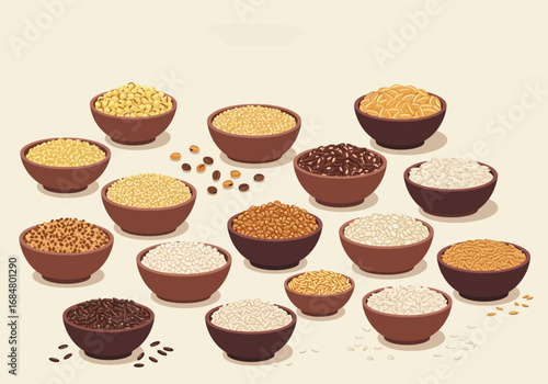 Varied grains showcased bowls filled with assorted grains displayed in an organized arrangement on a neutral background